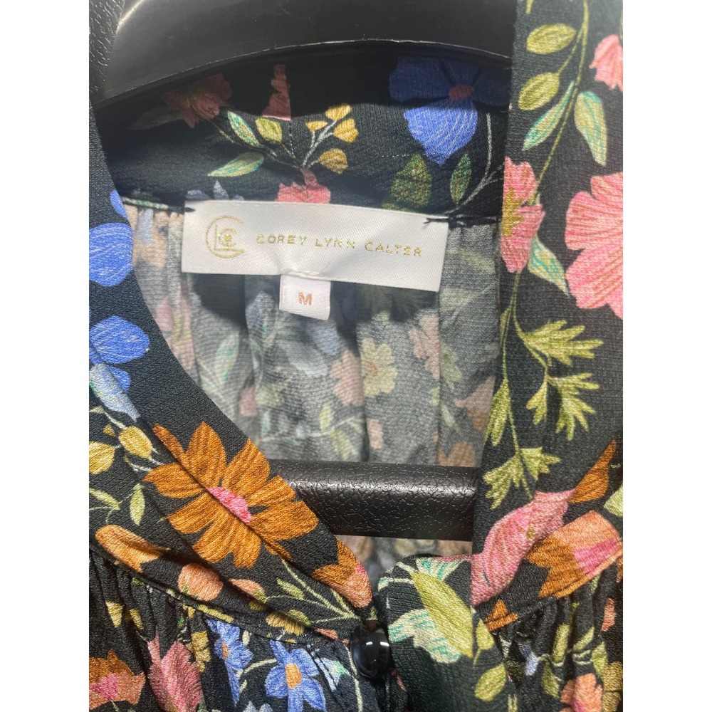 Corey Lynn Calter Corinne Floral Puff Sleeve Blouse Black Pink Blue Medium - Picture 5 of 5